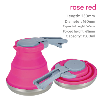 Rose Red 1.5L Collapsible Silicone Camping Kettle - Portable Foldable Travel Water Boiler, Stainless Steel V888-ELOSUNG32324