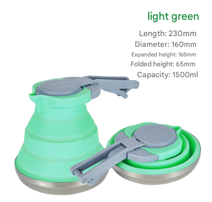 Light Green 1.5L Collapsible Silicone Camping Kettle - Portable Foldable Travel Water Boiler, Stainless Steel V888-ELOSUNG32325