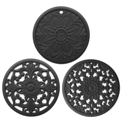 Elegant Floral Silicone Trivet Mat Set (3-Pack, Black) - Heat Resistant, Non-Slip Kitchen Hot Pads & Pot V888-ELOSUNG32338