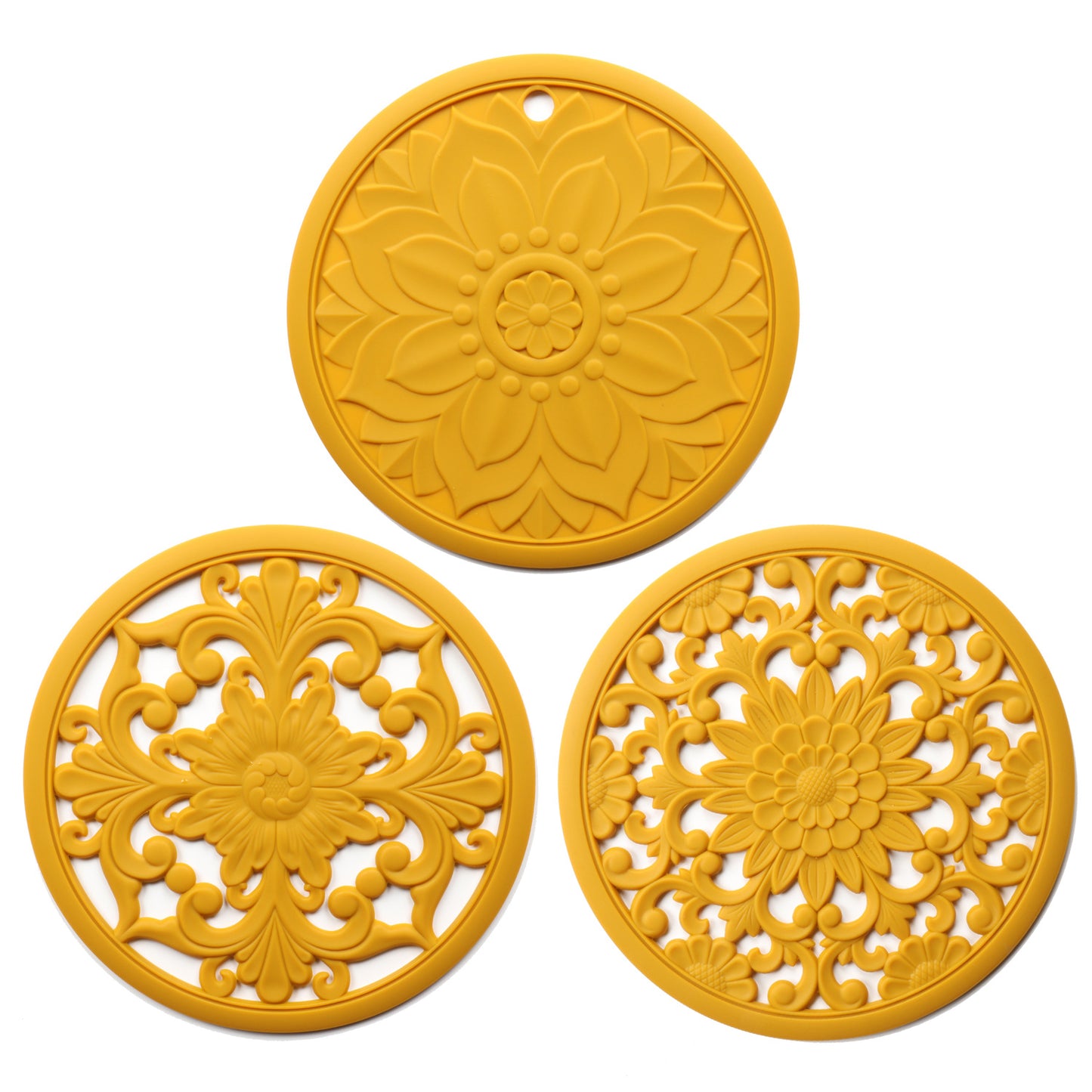Elegant Floral Silicone Trivet Mat Set (3-Pack, Yellow) - Heat Resistant, Non-Slip Kitchen Hot Pads & Pot V888-ELOSUNG32339