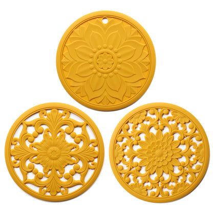 Elegant Floral Silicone Trivet Mat Set (3-Pack, Yellow) - Heat Resistant, Non-Slip Kitchen Hot Pads & Pot V888-ELOSUNG32339