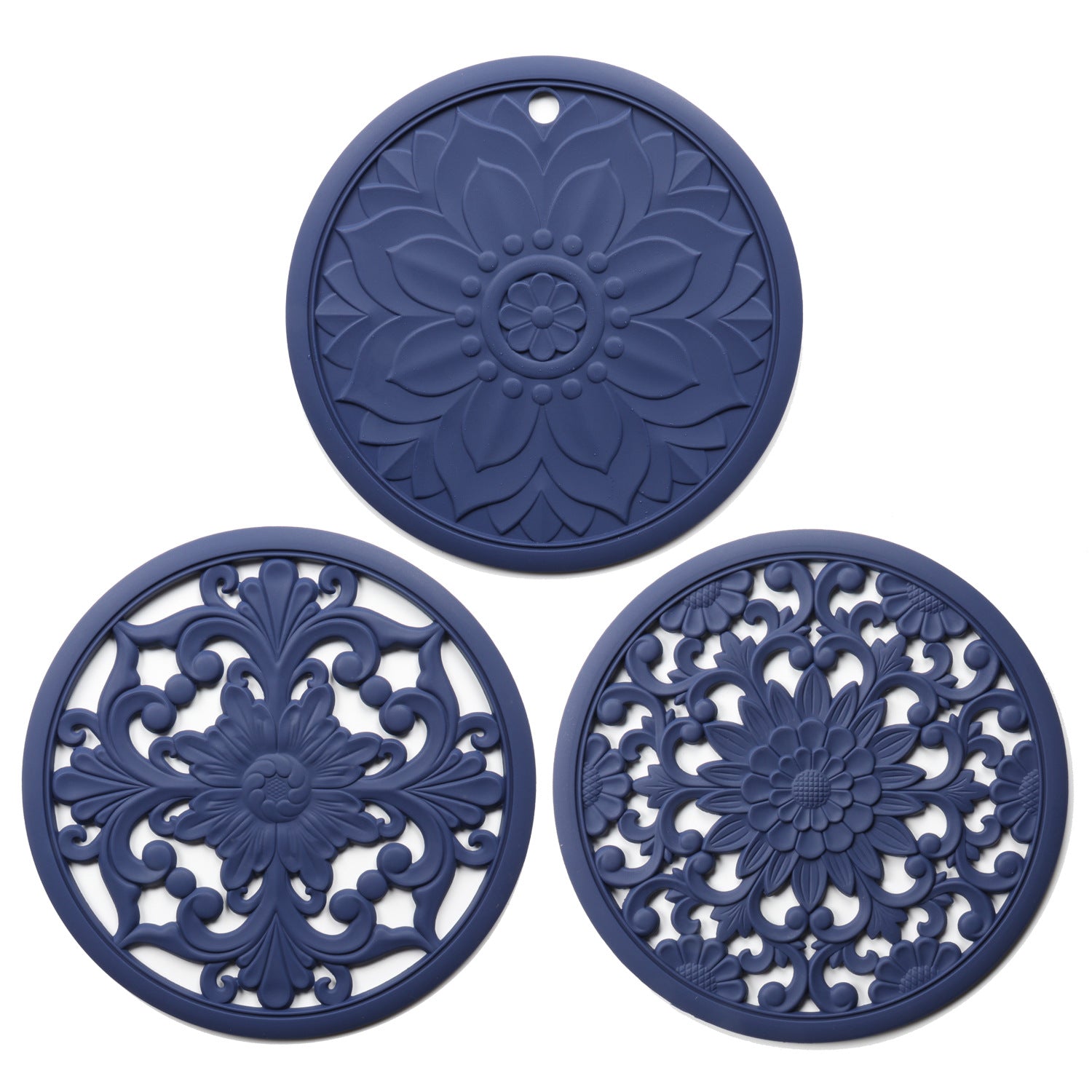Elegant Floral Silicone Trivet Mat Set (3-Pack, Dark Blue) - Heat Resistant, Non-Slip Kitchen Hot Pads & Pot V888-ELOSUNG32340