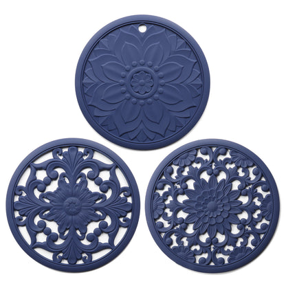 Elegant Floral Silicone Trivet Mat Set (3-Pack, Dark Blue) - Heat Resistant, Non-Slip Kitchen Hot Pads & Pot V888-ELOSUNG32340