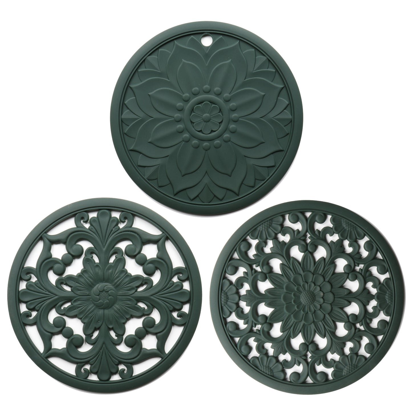 Elegant Floral Silicone Trivet Mat Set (3-Pack, Dark Green) - Heat Resistant, Non-Slip Kitchen Hot Pads & Pot V888-ELOSUNG32341