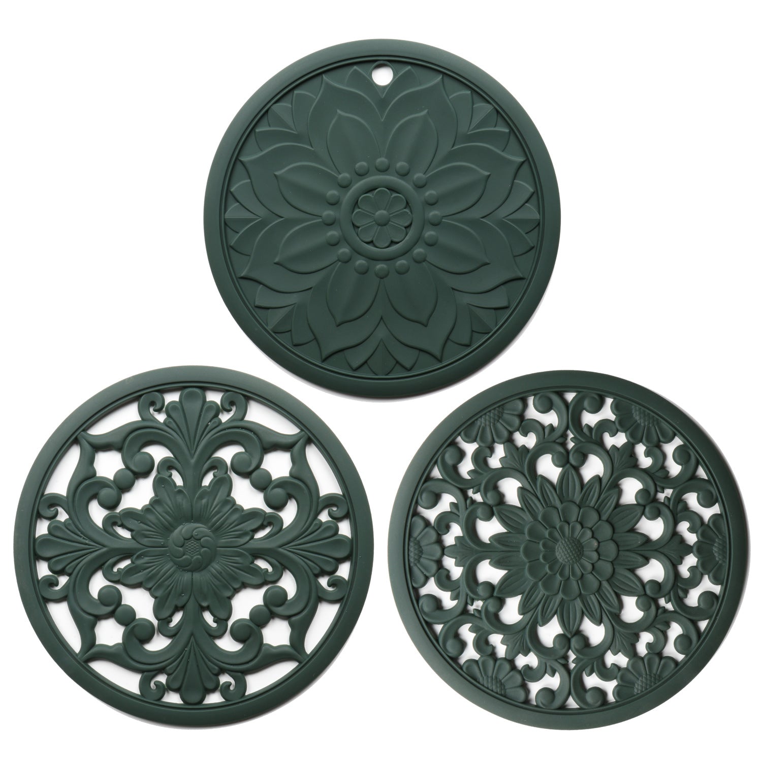 Elegant Floral Silicone Trivet Mat Set (3-Pack, Dark Green) - Heat Resistant, Non-Slip Kitchen Hot Pads & Pot V888-ELOSUNG32341