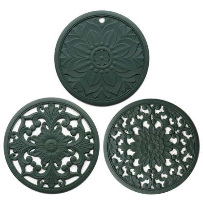 Elegant Floral Silicone Trivet Mat Set (3-Pack, Dark Green) - Heat Resistant, Non-Slip Kitchen Hot Pads & Pot V888-ELOSUNG32341