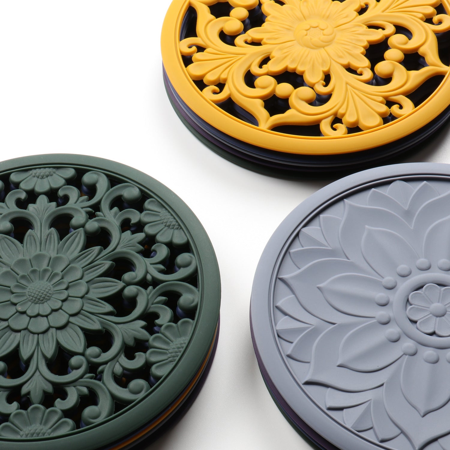 Elegant Floral Silicone Trivet Mat Set (3-Pack, Dark Green) - Heat Resistant, Non-Slip Kitchen Hot Pads & Pot V888-ELOSUNG32341