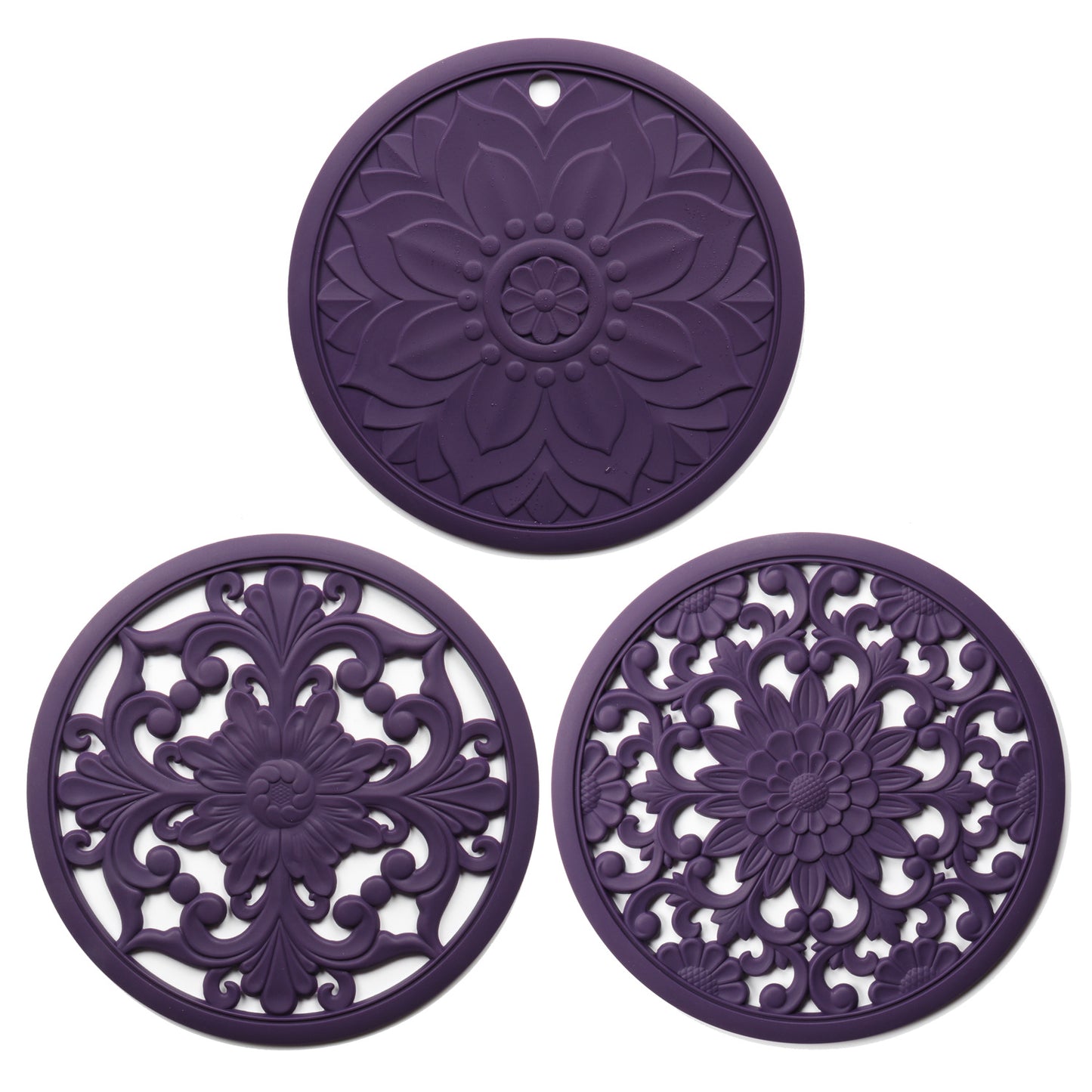 Elegant Floral Silicone Trivet Mat Set (3-Pack, Dark Purple) - Heat Resistant, Non-Slip Kitchen Hot Pads & V888-ELOSUNG32342