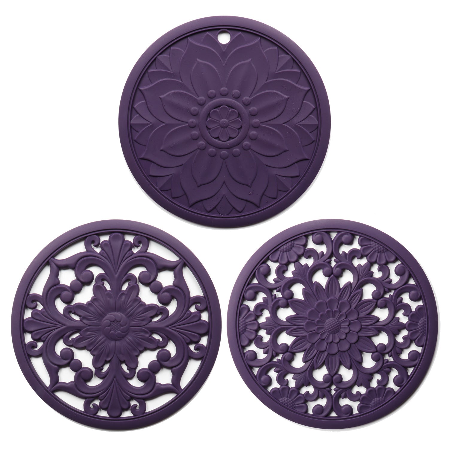 Elegant Floral Silicone Trivet Mat Set (3-Pack, Dark Purple) - Heat Resistant, Non-Slip Kitchen Hot Pads & V888-ELOSUNG32342