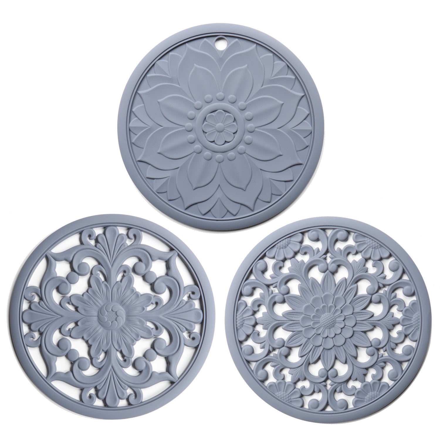 Elegant Floral Silicone Trivet Mat Set (3-Pack, Grey) - Heat Resistant, Non-Slip Kitchen Hot Pads & Pot V888-ELOSUNG32343