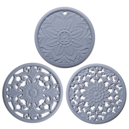 Elegant Floral Silicone Trivet Mat Set (3-Pack, Grey) - Heat Resistant, Non-Slip Kitchen Hot Pads & Pot V888-ELOSUNG32343