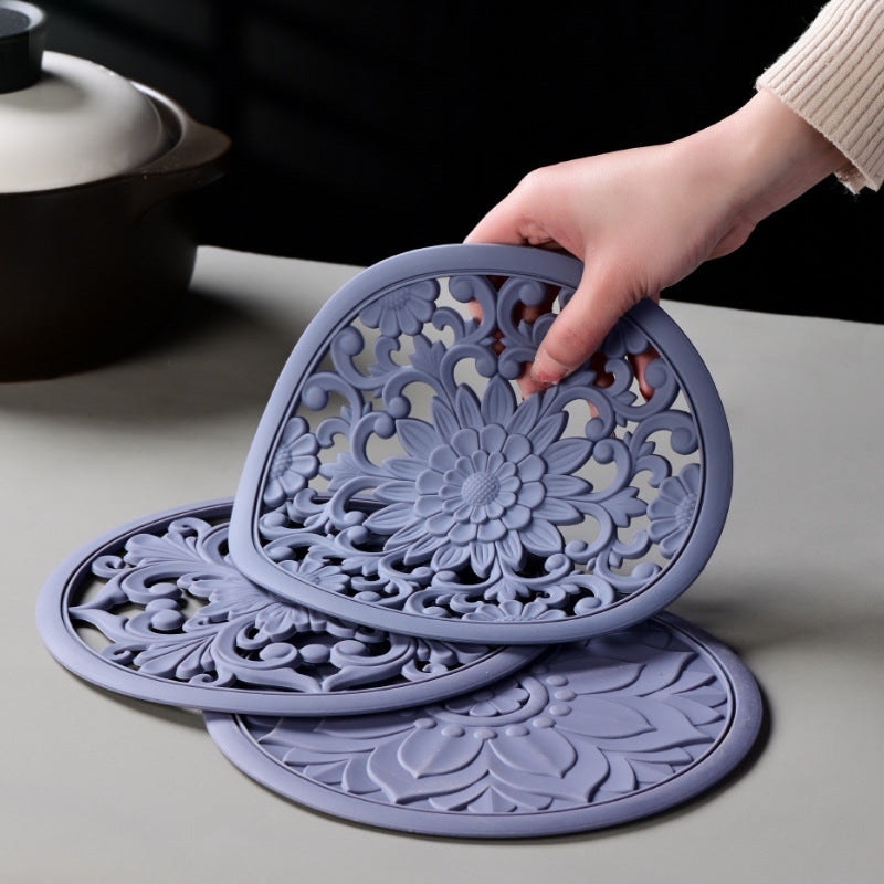 Elegant Floral Silicone Trivet Mat Set (3-Pack, Grey) - Heat Resistant, Non-Slip Kitchen Hot Pads & Pot V888-ELOSUNG32343