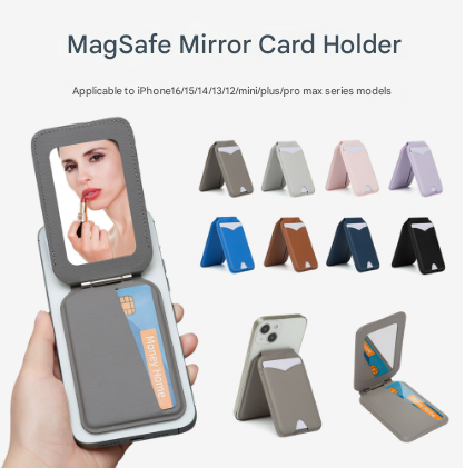 Light Grey Chic MagSafe Wallet with Mirror & Stand - PU Leather Card Holder for iPhone 12-16 Series V888-ELOSUNG32348