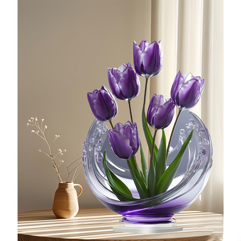 2 Pcs Charming Purple Tulip 2D Acrylic Ornament - Flat Floral Tabletop Art Decor Accent V888-ELOSUNG32361