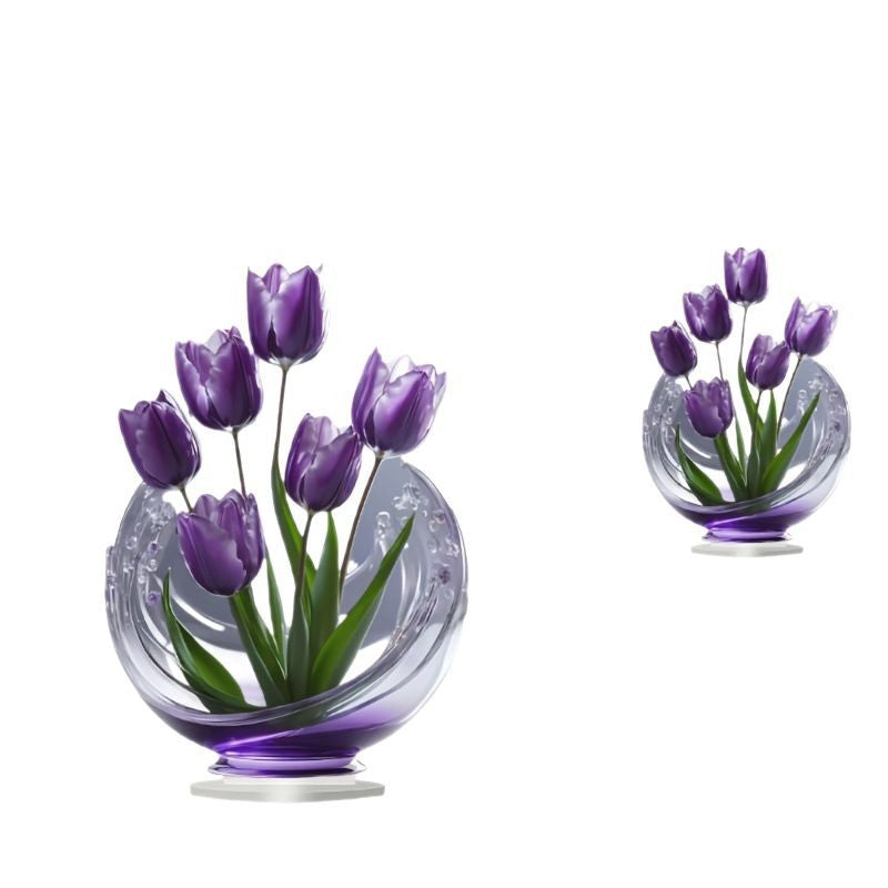 2 Pcs Charming Purple Tulip 2D Acrylic Ornament - Flat Floral Tabletop Art Decor Accent V888-ELOSUNG32361