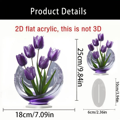 2 Pcs Charming Purple Tulip 2D Acrylic Ornament - Flat Floral Tabletop Art Decor Accent V888-ELOSUNG32361