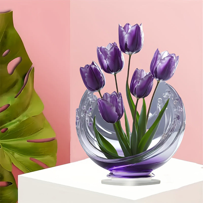 2 Pcs Charming Purple Tulip 2D Acrylic Ornament - Flat Floral Tabletop Art Decor Accent V888-ELOSUNG32361