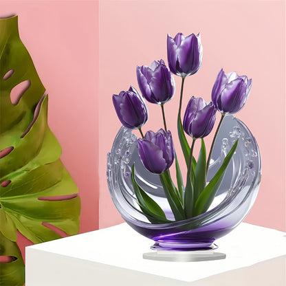 2 Pcs Charming Purple Tulip 2D Acrylic Ornament - Flat Floral Tabletop Art Decor Accent V888-ELOSUNG32361