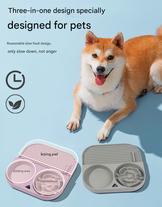 2 Pcs Blue 3-in-1 Silicone Pet Slow Feeder & Lick Mat with Water Bowl - Non-Slip Design for Dogs & Cats V888-ELOSUNG32374