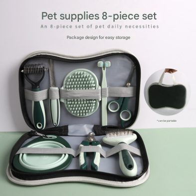 Grey and Green Complete 8-Piece Pet Grooming Kit - Essential Dog & Cat Care Tools with Brushes, Nail V888-ELOSUNG32389