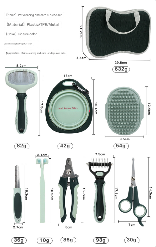 Grey and Green Complete 8-Piece Pet Grooming Kit - Essential Dog & Cat Care Tools with Brushes, Nail V888-ELOSUNG32389