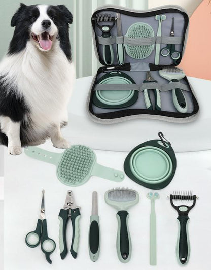 Grey and Green Complete 8-Piece Pet Grooming Kit - Essential Dog & Cat Care Tools with Brushes, Nail V888-ELOSUNG32389