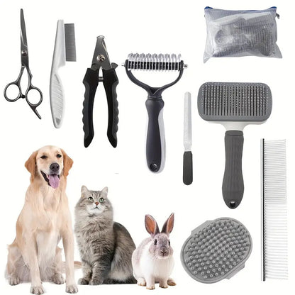 Grey Professional 9-Piece Pet Grooming Kit - DeShedding Brushes, Nail Clippers, Combs & Scissors Set for V888-ELOSUNG32401