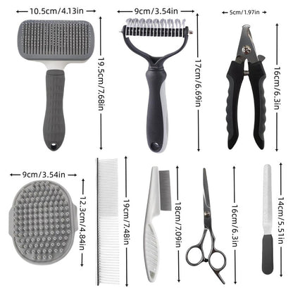 Grey Professional 9-Piece Pet Grooming Kit - DeShedding Brushes, Nail Clippers, Combs & Scissors Set for V888-ELOSUNG32401