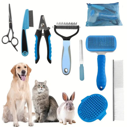 Blue Professional 9-Piece Pet Grooming Kit - DeShedding Brushes, Nail Clippers, Combs & Scissors Set for V888-ELOSUNG32402
