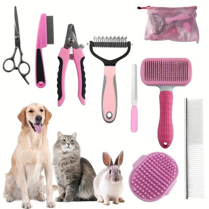 Pink Professional 9-Piece Pet Grooming Kit - DeShedding Brushes, Nail Clippers, Combs & Scissors Set for V888-ELOSUNG32403