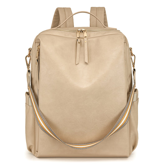 Beige Women's Vintage PU Leather Anti-Theft Backpack - Convertible Shoulder Bag & Laptop Rucksack for Travel V888-ELOSUNG32410