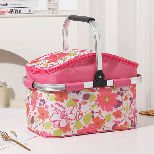 Pink and Floral Pattern Large 27L Foldable Insulated Picnic Basket Cooler Bag - Lightweight Thermal Hamper V888-ELOSUNG32429