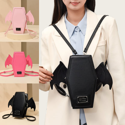 Black Gothic Coffin Bat Wing Convertible Crossbody Bag - Punk PU Leather Shoulder Purse & Mini Backpack V888-ELOSUNG32438