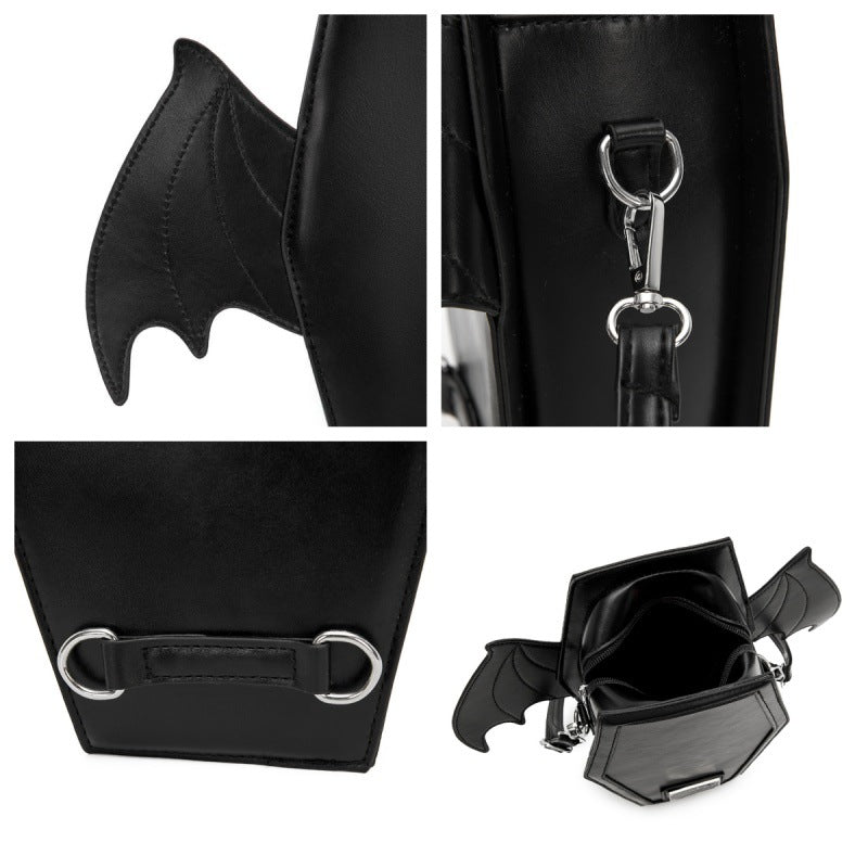 Black Gothic Coffin Bat Wing Convertible Crossbody Bag - Punk PU Leather Shoulder Purse & Mini Backpack V888-ELOSUNG32438