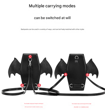 Black Gothic Coffin Bat Wing Convertible Crossbody Bag - Punk PU Leather Shoulder Purse & Mini Backpack V888-ELOSUNG32438