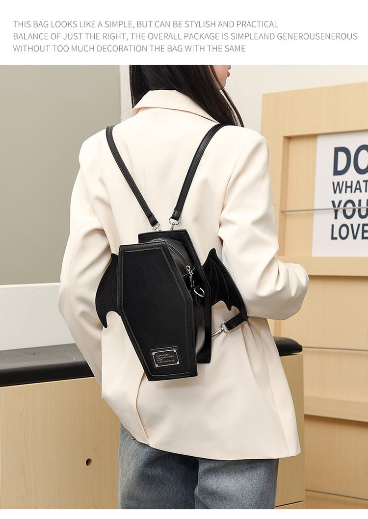 Black Gothic Coffin Bat Wing Convertible Crossbody Bag - Punk PU Leather Shoulder Purse & Mini Backpack V888-ELOSUNG32438