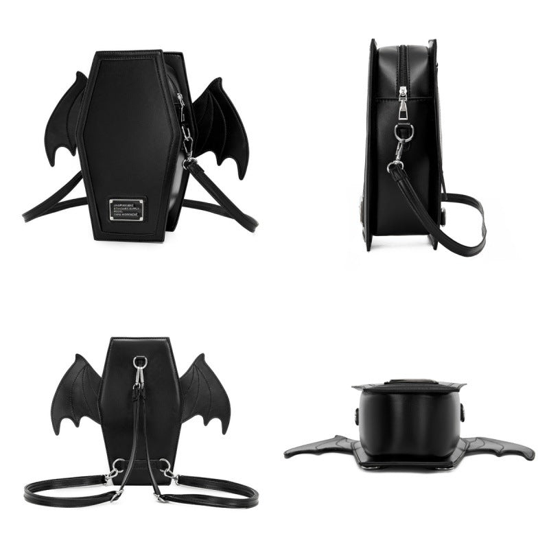 Rose Red Gothic Coffin Bat Wing Convertible Crossbody Bag - Punk PU Leather Shoulder Purse & Mini Backpack V888-ELOSUNG32440
