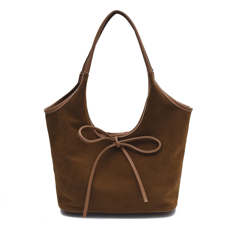 Brown Chic Retro Suede-Finish PU Leather Tote Bag - Large Capacity Shoulder Bag with Tie Accent V888-ELOSUNG32445