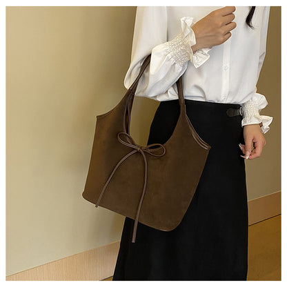 Brown Chic Retro Suede-Finish PU Leather Tote Bag - Large Capacity Shoulder Bag with Tie Accent V888-ELOSUNG32445