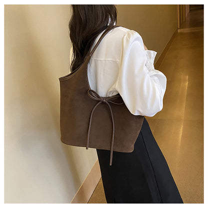 Brown Chic Retro Suede-Finish PU Leather Tote Bag - Large Capacity Shoulder Bag with Tie Accent V888-ELOSUNG32445