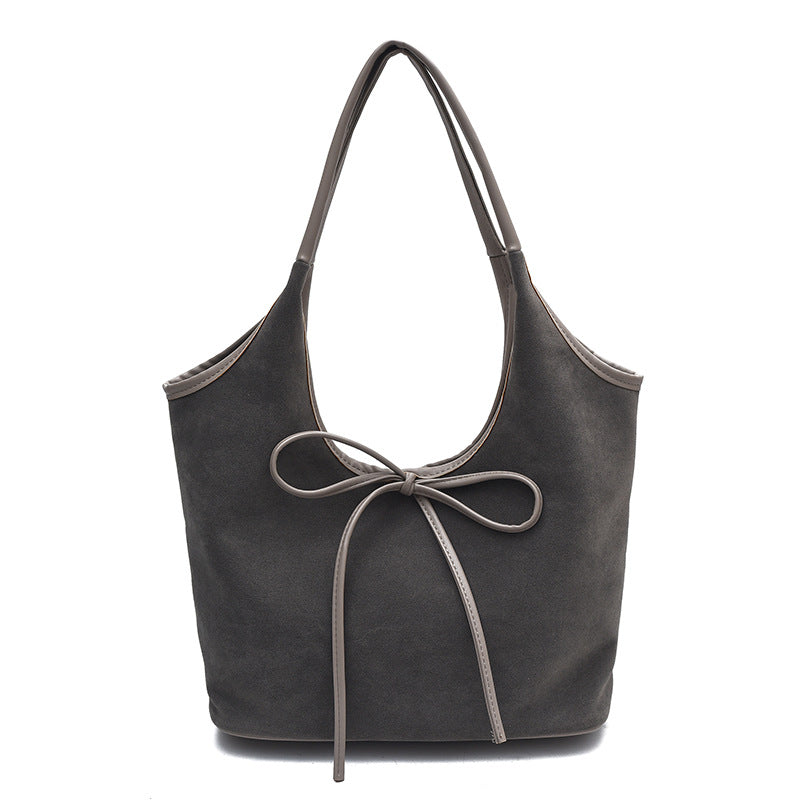 Grey Chic Retro Suede-Finish PU Leather Tote Bag - Large Capacity Shoulder Bag with Tie Accent V888-ELOSUNG32446