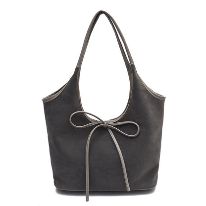 Grey Chic Retro Suede-Finish PU Leather Tote Bag - Large Capacity Shoulder Bag with Tie Accent V888-ELOSUNG32446