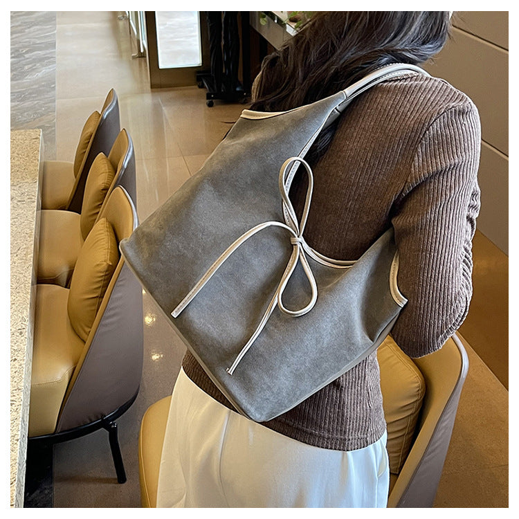 Grey Chic Retro Suede-Finish PU Leather Tote Bag - Large Capacity Shoulder Bag with Tie Accent V888-ELOSUNG32446