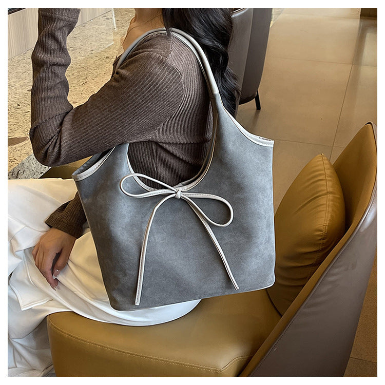 Grey Chic Retro Suede-Finish PU Leather Tote Bag - Large Capacity Shoulder Bag with Tie Accent V888-ELOSUNG32446
