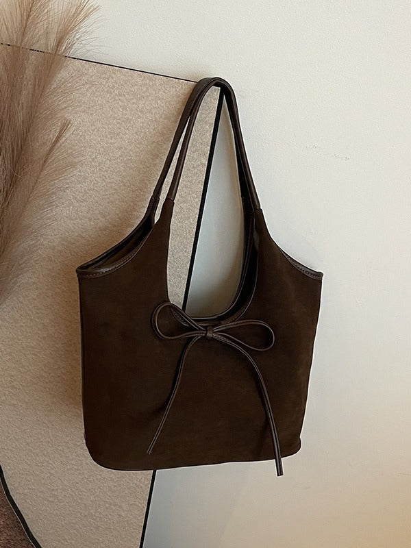 Coffee Chic Retro Suede-Finish PU Leather Tote Bag - Large Capacity Shoulder Bag with Tie Accent V888-ELOSUNG32447