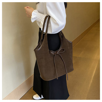 Coffee Chic Retro Suede-Finish PU Leather Tote Bag - Large Capacity Shoulder Bag with Tie Accent V888-ELOSUNG32447