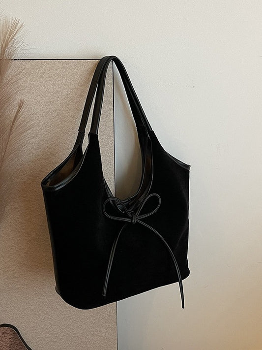 Black Chic Retro Suede-Finish PU Leather Tote Bag - Large Capacity Shoulder Bag with Tie Accent V888-ELOSUNG32448