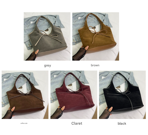 Black Chic Retro Suede-Finish PU Leather Tote Bag - Large Capacity Shoulder Bag with Tie Accent V888-ELOSUNG32448