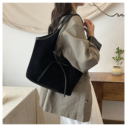 Black Chic Retro Suede-Finish PU Leather Tote Bag - Large Capacity Shoulder Bag with Tie Accent V888-ELOSUNG32448