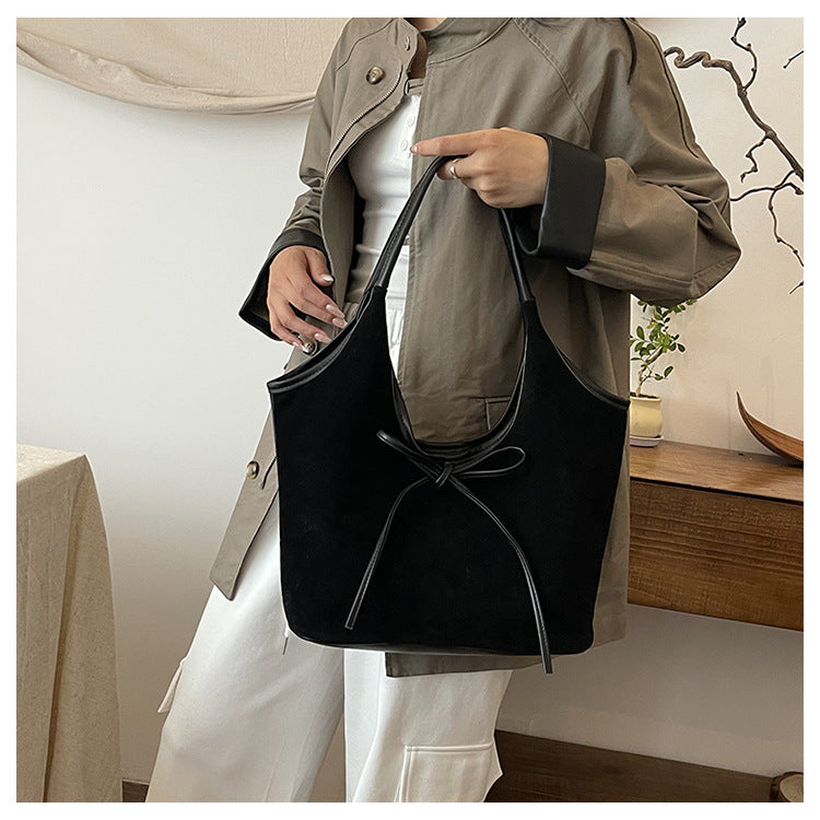 Black Chic Retro Suede-Finish PU Leather Tote Bag - Large Capacity Shoulder Bag with Tie Accent V888-ELOSUNG32448